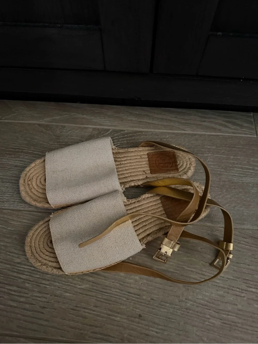 Tory Burch Beige Canvas Espadrille Sandals with Tan Ankle Strap